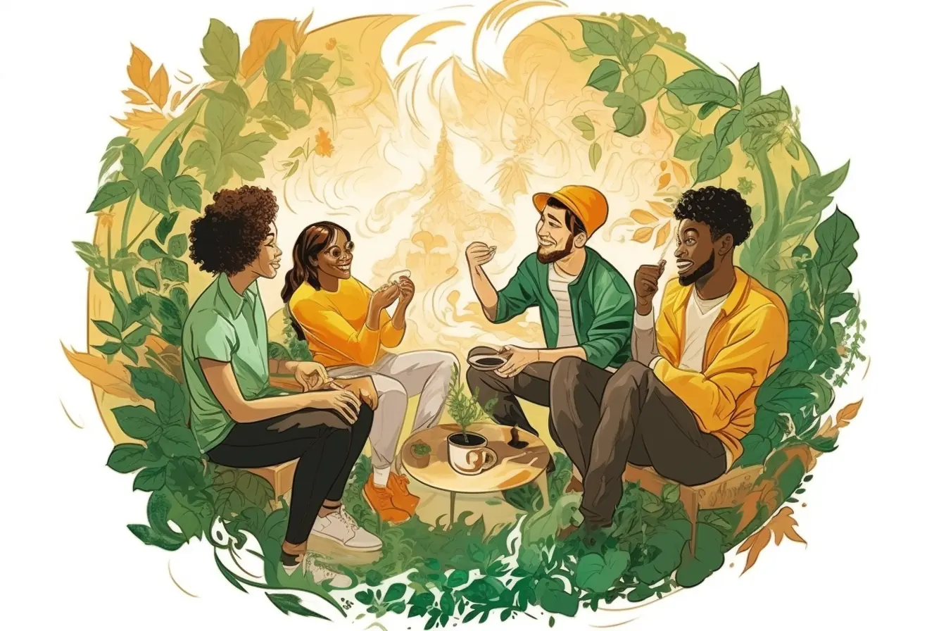 Um Marihuanablätter herum versammeln sich die Mitglieder des Cannabis Social Club in Bochum Ein Kreis aus Marihuanablättern ist das Erkennungszeichen des Cannabis Social Clubs in Bochum, wo die Menschen zum Rauchen zusammenkommen.