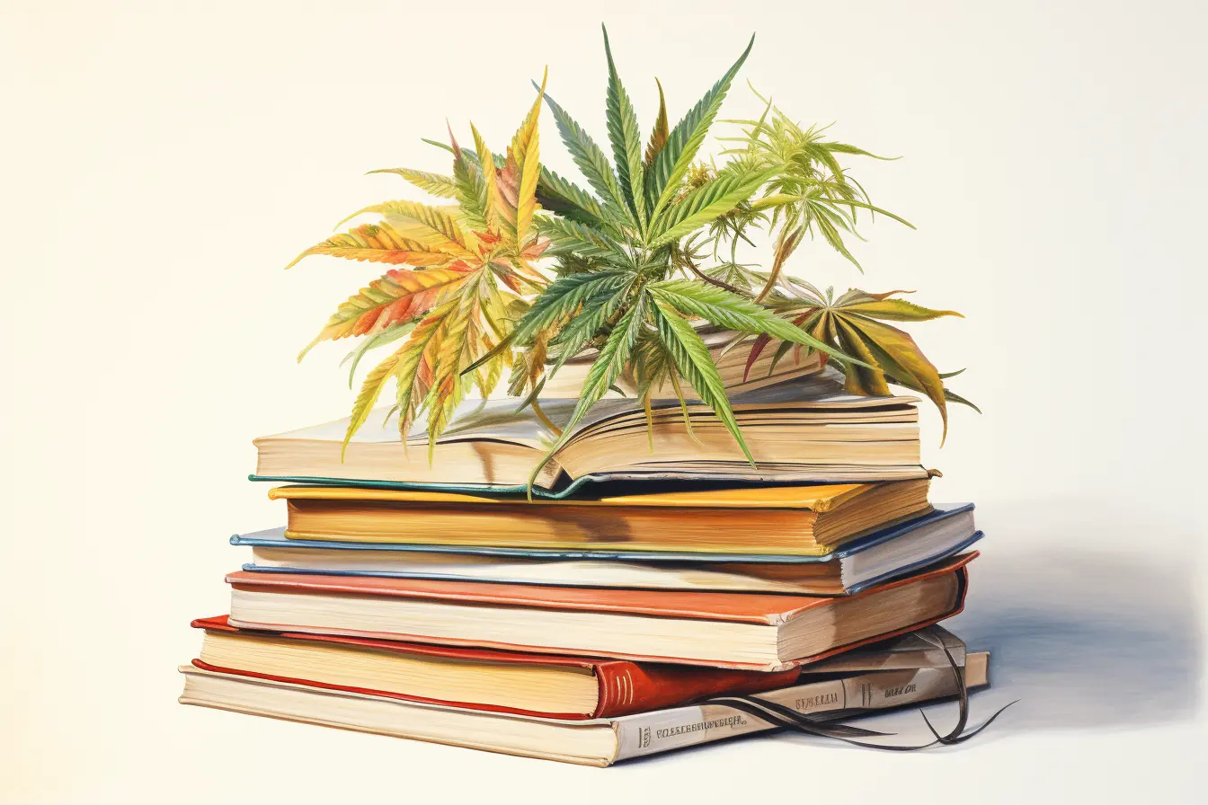 Pastellfarben schmücken Cannabisblätter und Bücher Auf einem Haufen von verschiedenen Büchern sind grüne Blätter einer Pflanze zu sehen, die Cannabis heißt.