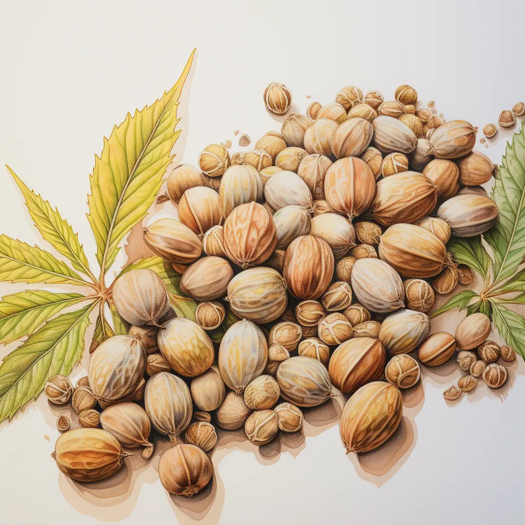 Eine Zeichnung, die den Realismus von Cannabis-Samen in sanften Farben einfängt Eine helle Fläche ist bedeckt mit vielen Cannabis-Samen.