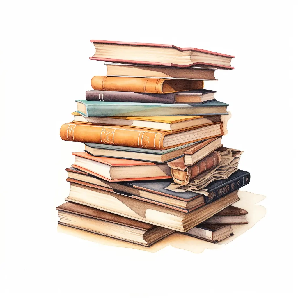 Ein Haufen von Büchern in zarten Farben ist das Motiv einer halbrealistischen Zeichnung. Ein Haufen von Büchern in zarten Farben ist das Motiv einer halbrealistischen Zeichnung.