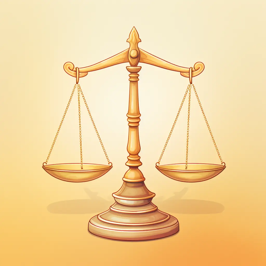 Ein Zeichen für Recht, das eine Waage in hellen Pastellfarben zeigt. Ein beiger Untergrund ist bedeckt mit einer Waage der Gerechtigkeit in Gold.