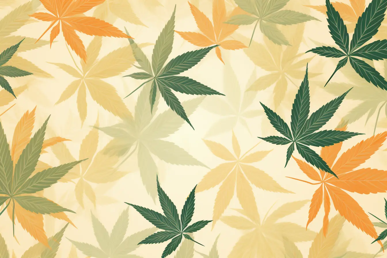 Ein Hintergrunddesign aus Cannabisblättern in feinen Pastellfarben. Ein Cannabis Social Club in Bochum hat einen beigen Hintergrund als Gestaltung, der mit einem Muster aus Cannabisblättern versehen ist.